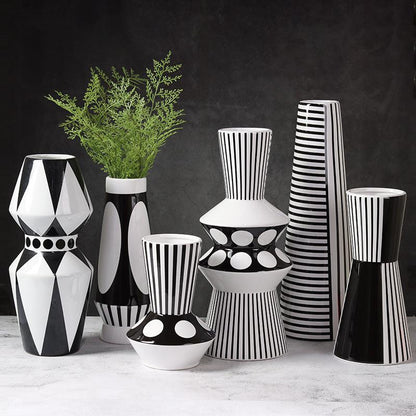 Black And White Striped Geometric Ceramic Vase Flower Ornaments - Pacisia