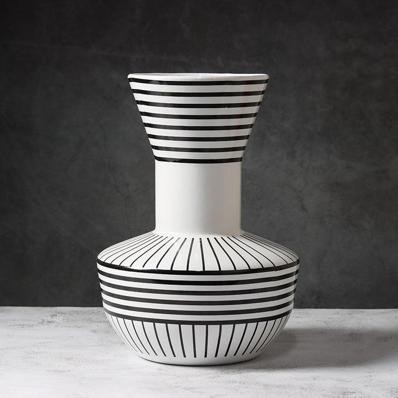 Black And White Striped Geometric Ceramic Vase Flower Ornaments - Pacisia