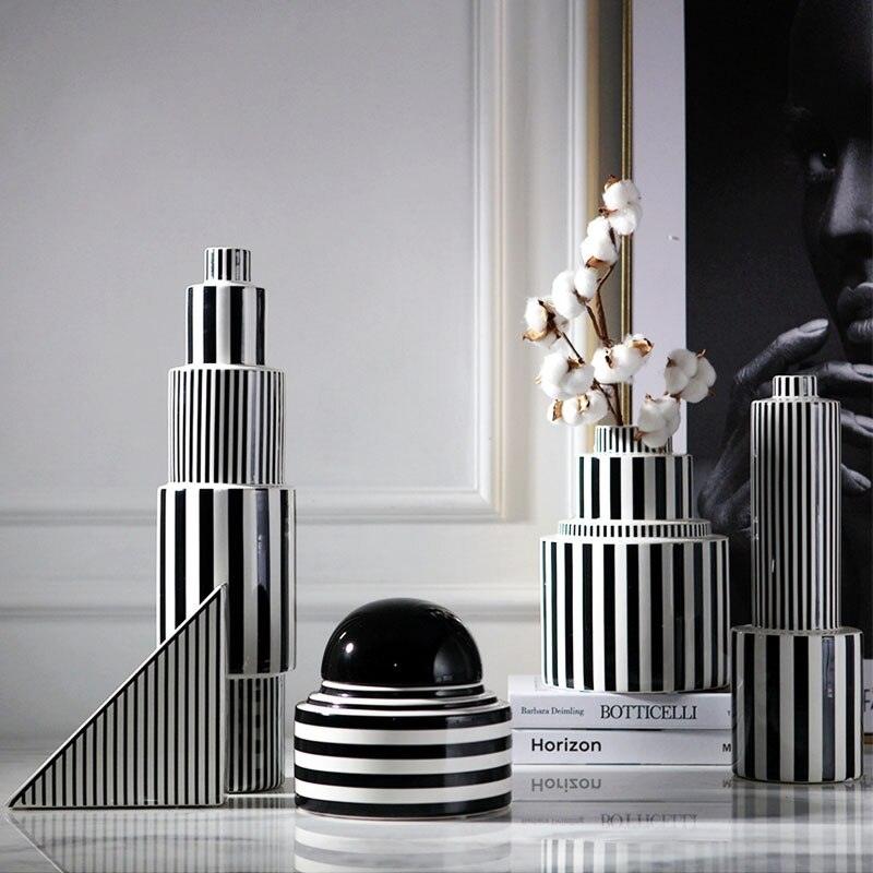 Black and White Striped Geometric Ceramic Vase - Pacisia