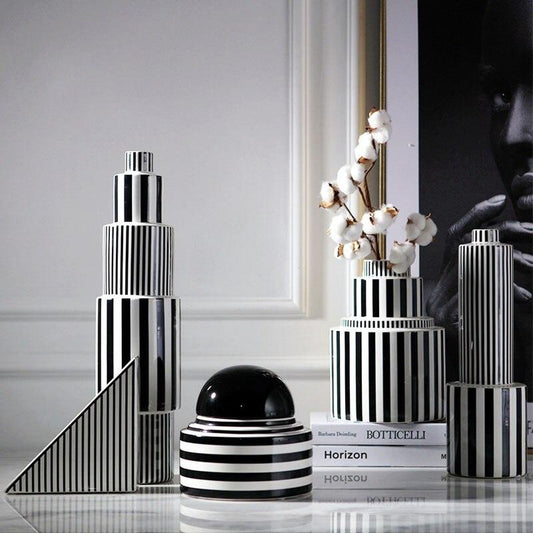 Black and White Striped Geometric Ceramic Vase - Pacisia