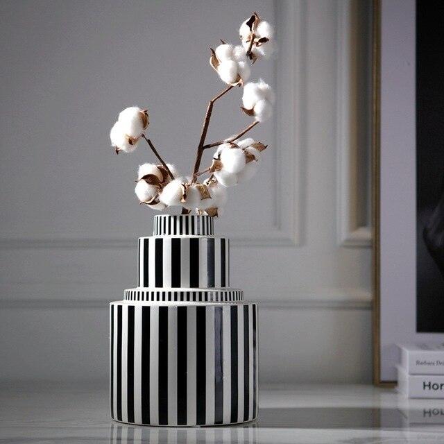 Black and White Striped Geometric Ceramic Vase - Pacisia