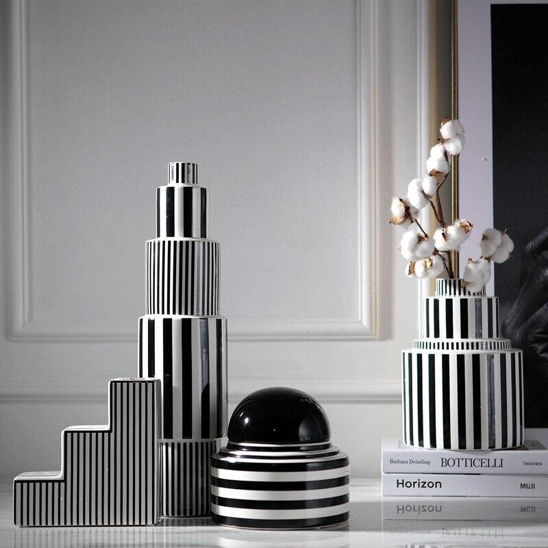 Black and White Striped Geometric Ceramic Vase - Pacisia