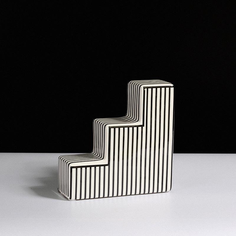 Black and White Striped Geometric Ceramic Vase - Pacisia