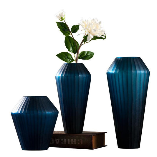 Blue Carved Glass Vase Three Piece Vertical Flower Ornaments - Pacisia