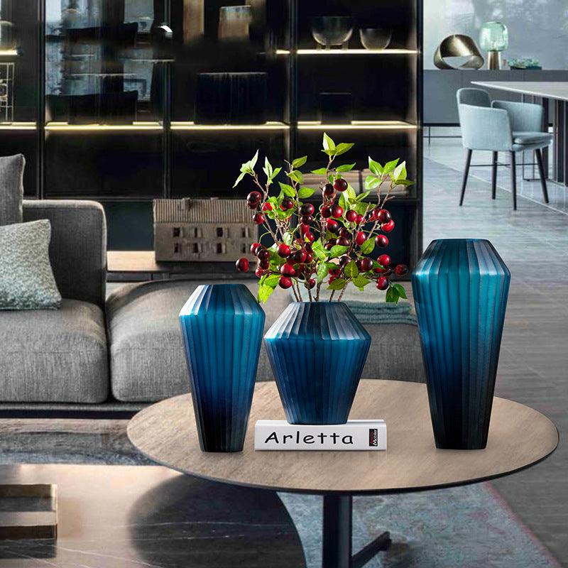 Blue Carved Glass Vase Three Piece Vertical Flower Ornaments - Pacisia