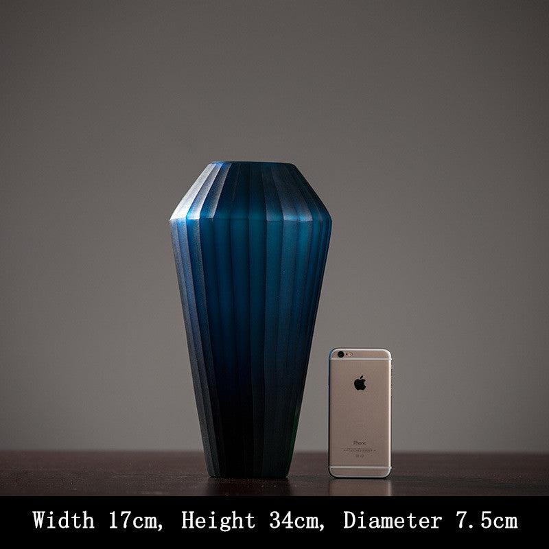 Blue Carved Glass Vase Three Piece Vertical Flower Ornaments - Pacisia