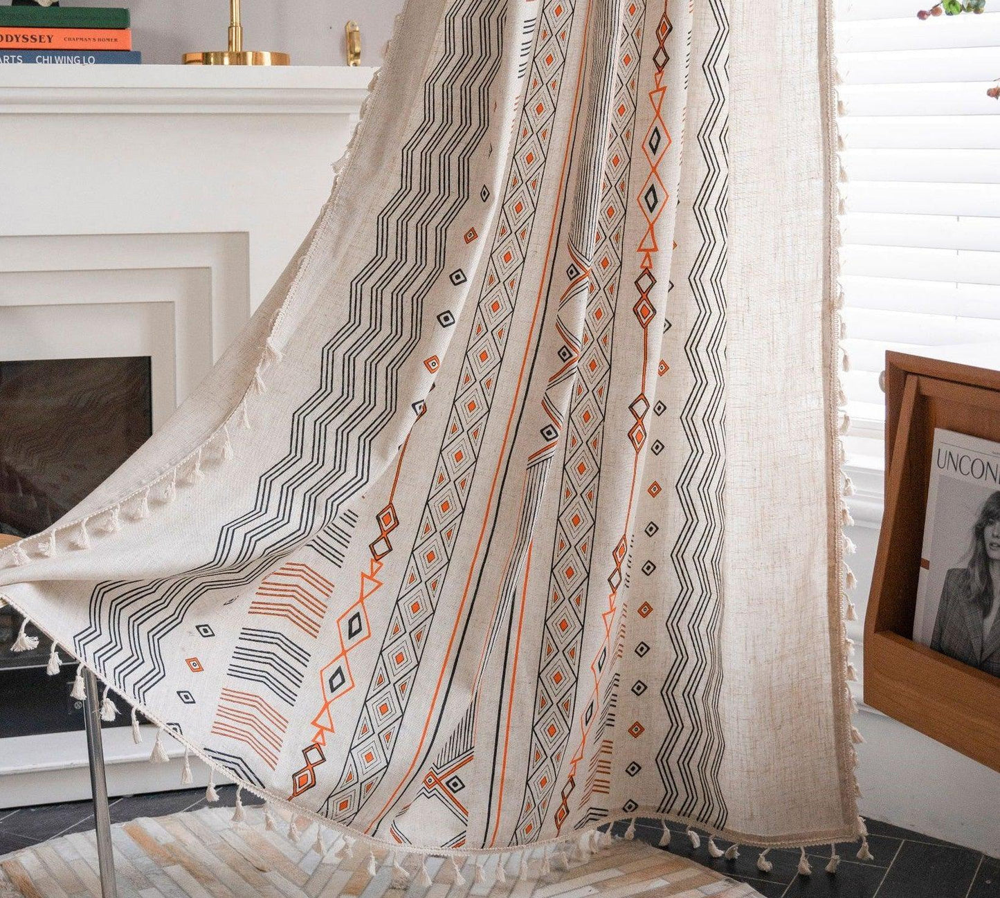 Boho Cream Cotton And Linen Print Sun Shade Non-punched Curtain Fabric - Pacisia