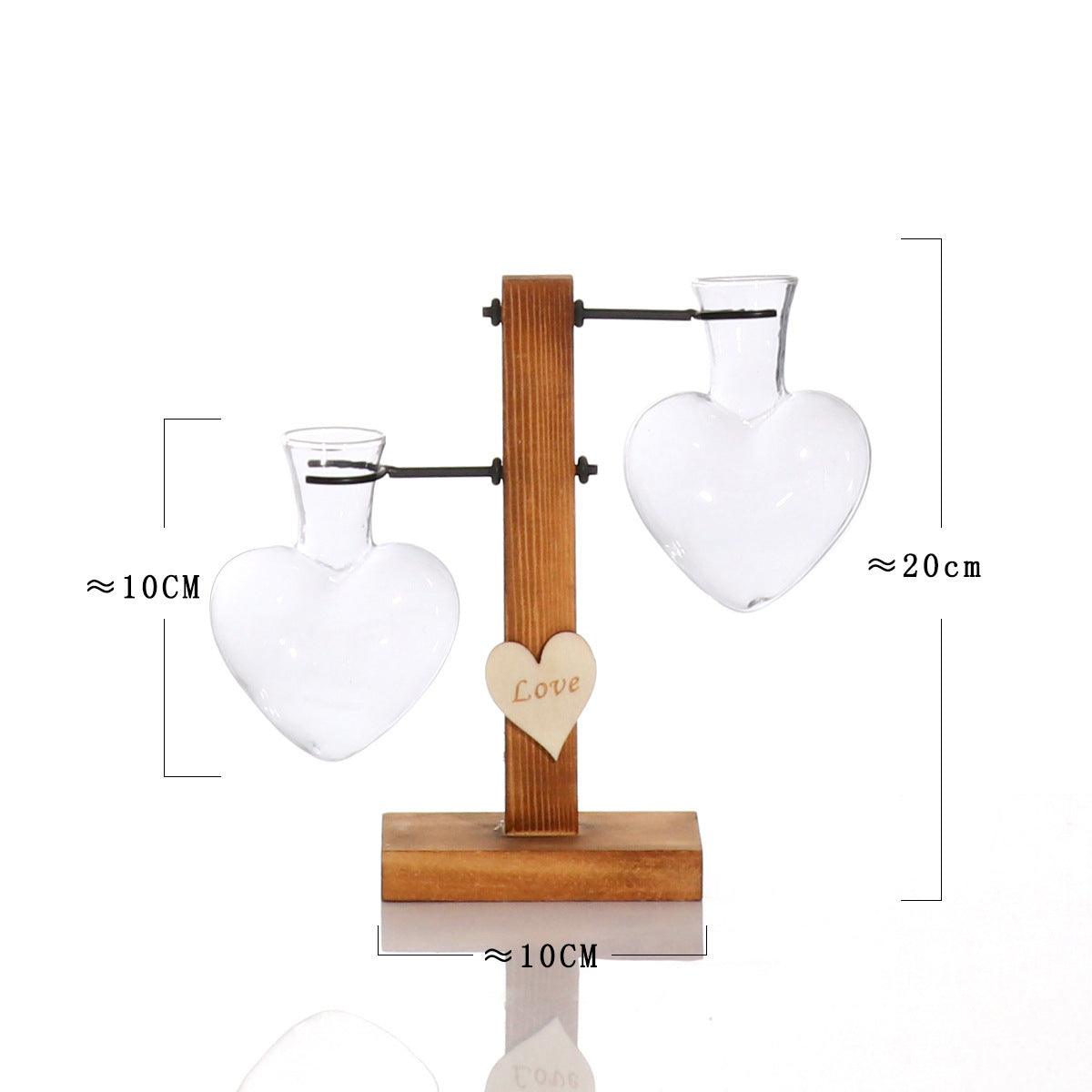 Love Heart Shape Clear Glass Hydroponic Flower Vase Terrarium Wooden Stand Holder Decoratio Glass Tabletop Plant Flower Vase - Pacisia