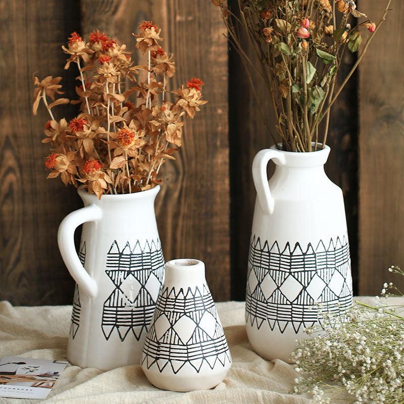 Ceramic Flower Pot Vase Retro Geometric Pattern - Pacisia