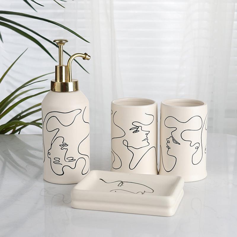 Ceramic Mouthwash Cup Toothbrush Abstract Creamy-white Bathroom Hotel 4-piece Set - Pacisia