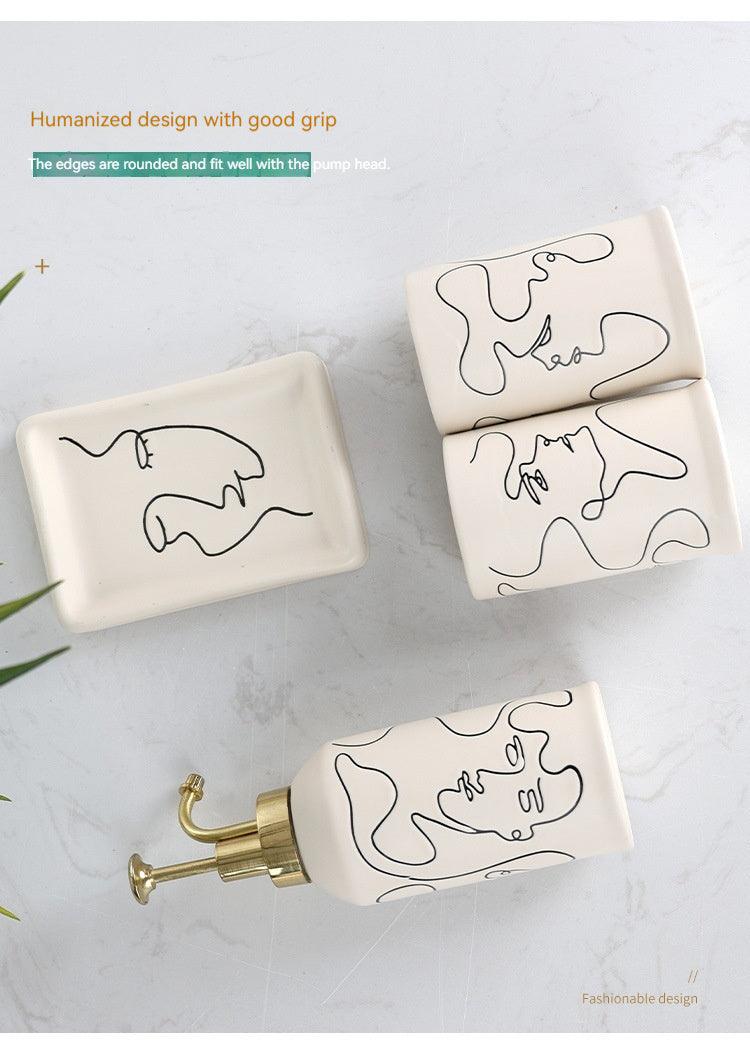 Ceramic Mouthwash Cup Toothbrush Abstract Creamy-white Bathroom Hotel 4-piece Set - Pacisia