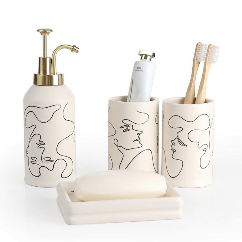 Ceramic Mouthwash Cup Toothbrush Abstract Creamy-white Bathroom Hotel 4-piece Set - Pacisia