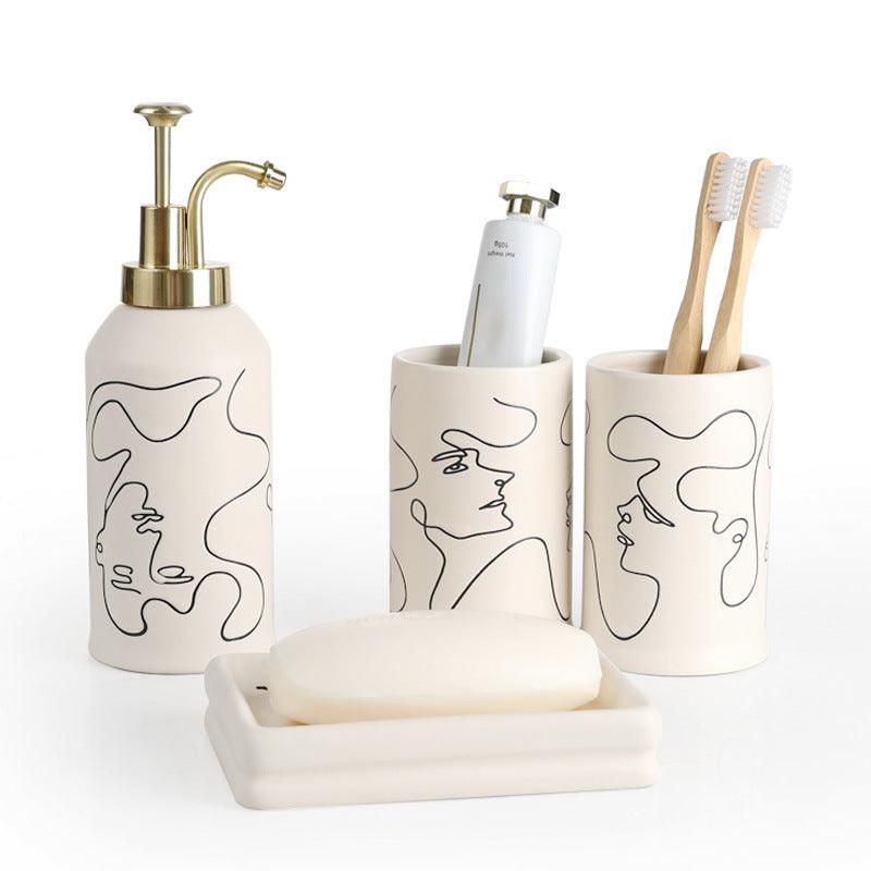 Ceramic Mouthwash Cup Toothbrush Abstract Creamy-white Bathroom Hotel 4-piece Set - Pacisia