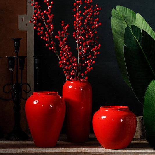 Ceramic Red Living Room Creative Home Decoration Fake Flower Vase - Pacisia