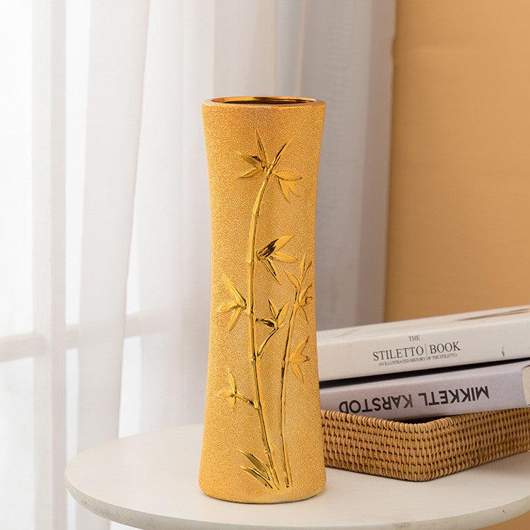 Ceramic Vase Desktop Office Decoration Vase Home Room Simple Chinese Floral Golden Ornaments - Pacisia