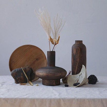 Chinese Style Retro Solid Wood Wood Zen Dried Flower Vase Home Decoration Ornaments - Pacisia