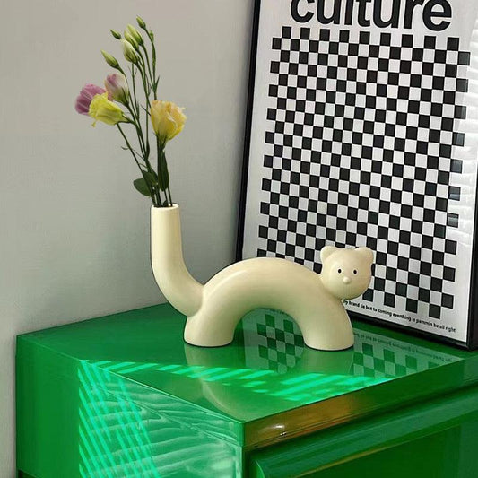 Cream Cat Vase Flower Arrangement Living Room Home Decoration - Pacisia