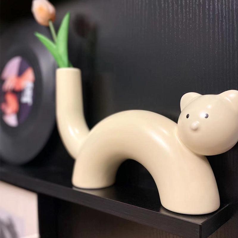 Cream Cat Vase Flower Arrangement Living Room Home Decoration - Pacisia