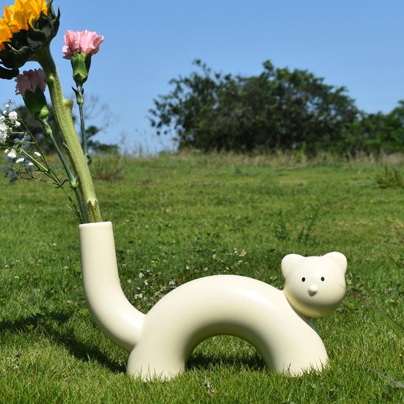 Cream Cat Vase Flower Arrangement Living Room Home Decoration - Pacisia
