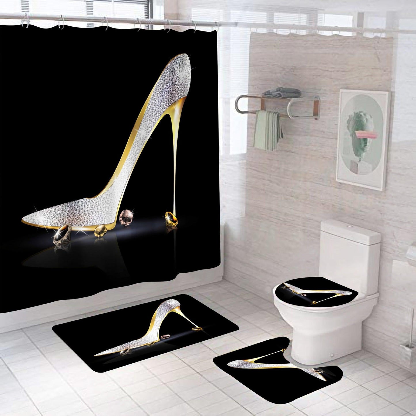 Digital Printing High-heeled Shoes Series Waterproof And Mildew-proof Shower Curtain Set - Pacisia