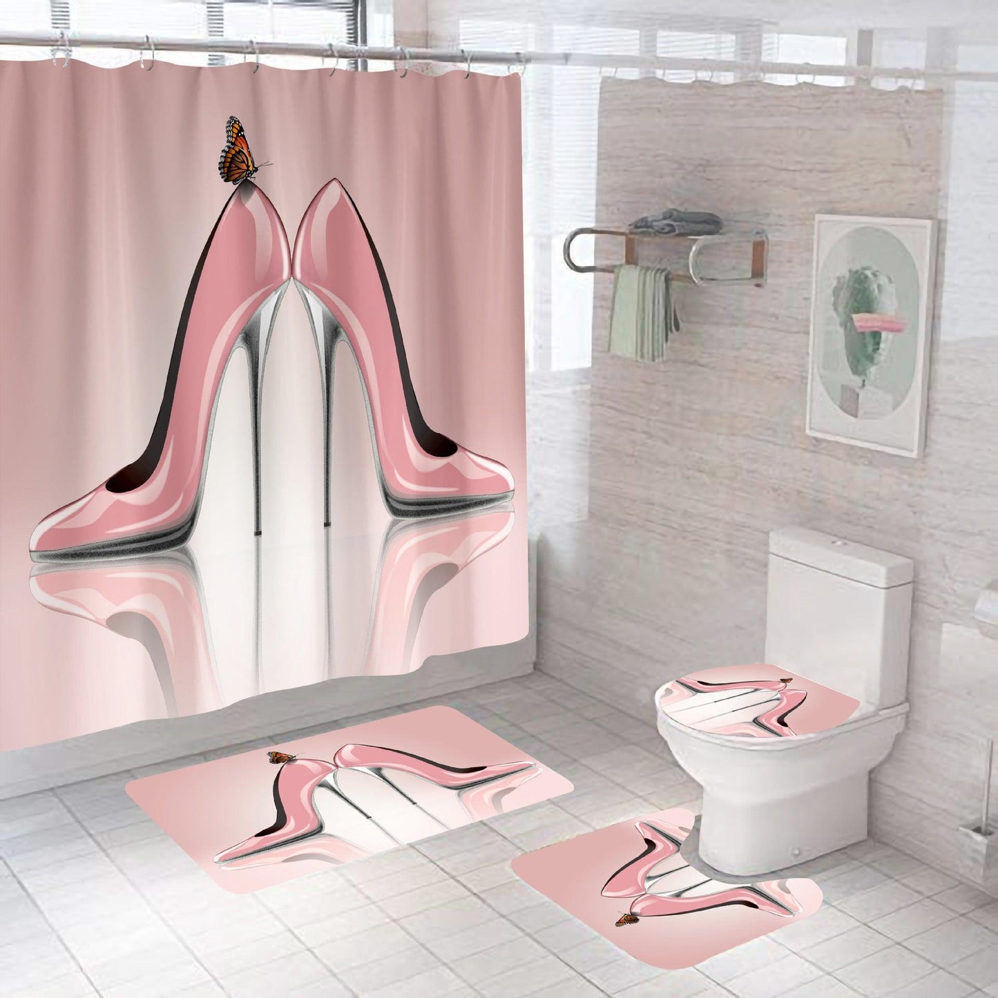 Digital Printing High-heeled Shoes Series Waterproof And Mildew-proof Shower Curtain Set - Pacisia