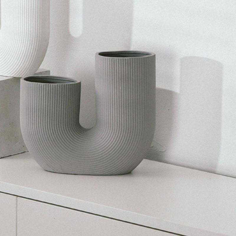 Modern And Simple U-Shaped Geometric Striped Ceramic Vase Ornaments Dry Flower Arranging Device Home Desktop Soft Decoration - Pacisia