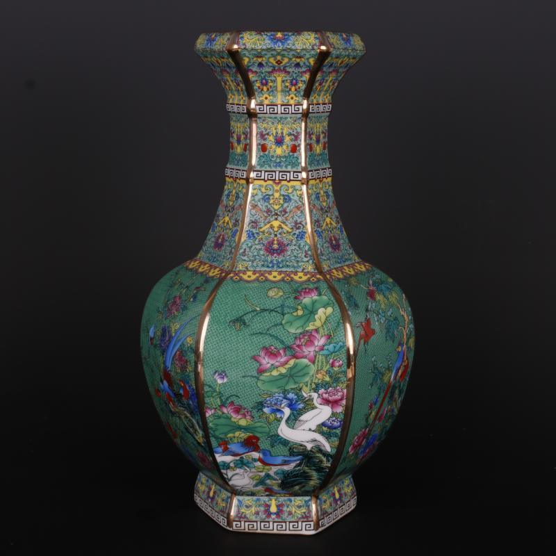 Enamel Flower And Bird Hexagonal Vase Antique Craft Porcelain - Pacisia