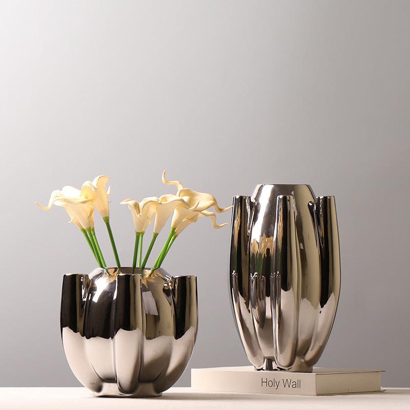 European-style Electroplated Ceramic Vase With Silver Flower - Pacisia