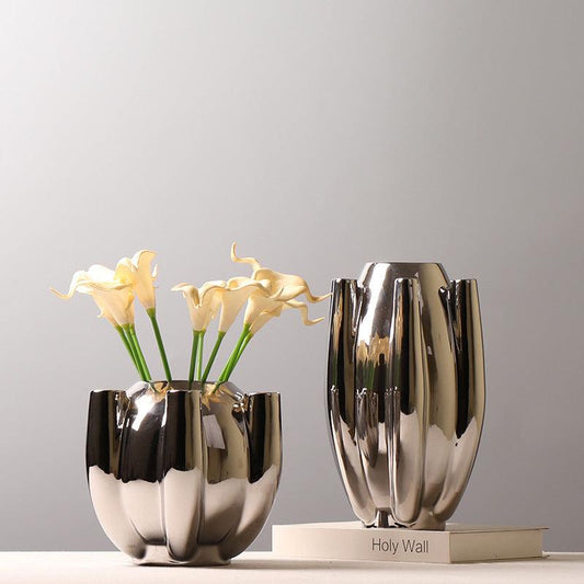 European-style Electroplated Ceramic Vase With Silver Flower - Pacisia