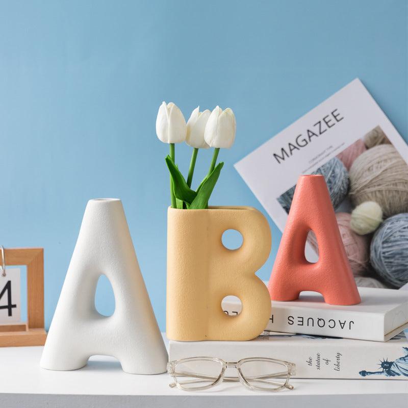 Frosted Letters AB Ceramic Vase Decoration European Retro Large-caliber Matte - Pacisia