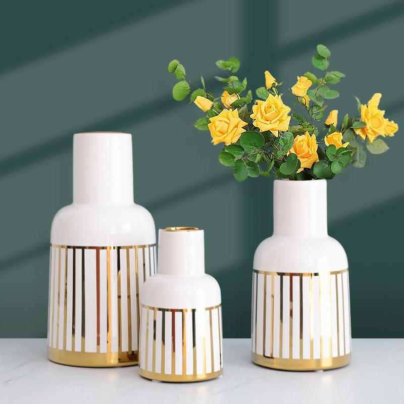 Gold-Plated Ceramic Vase Ornaments Golden Stripes Green Plant Hydroponic Flower Device - Pacisia