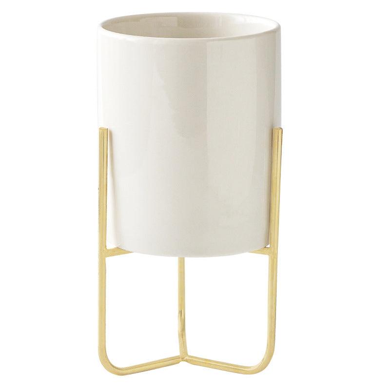 Gold-plated Iron Vase Simple Iron Frame Ceramic Flower Pot - Pacisia