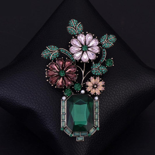 Gorgeous Vintage Green Rhinestone Colored Flowers Bonsai Flower Brooch Gold Tone Green Leaf Deep Red Orange Floral Vase Pin - Pacisia