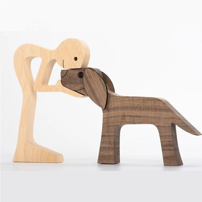 DIY Figurine Wood Dog Ornament Sculpture Home Decoration A Man A Dog Wood Sculpture Christmas Gifts Model Decor - Pacisia