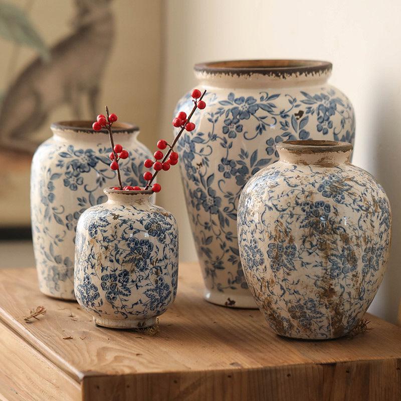Ice Cracks Country Vintage Blue And White Porcelain Vase With Big Belly - Pacisia