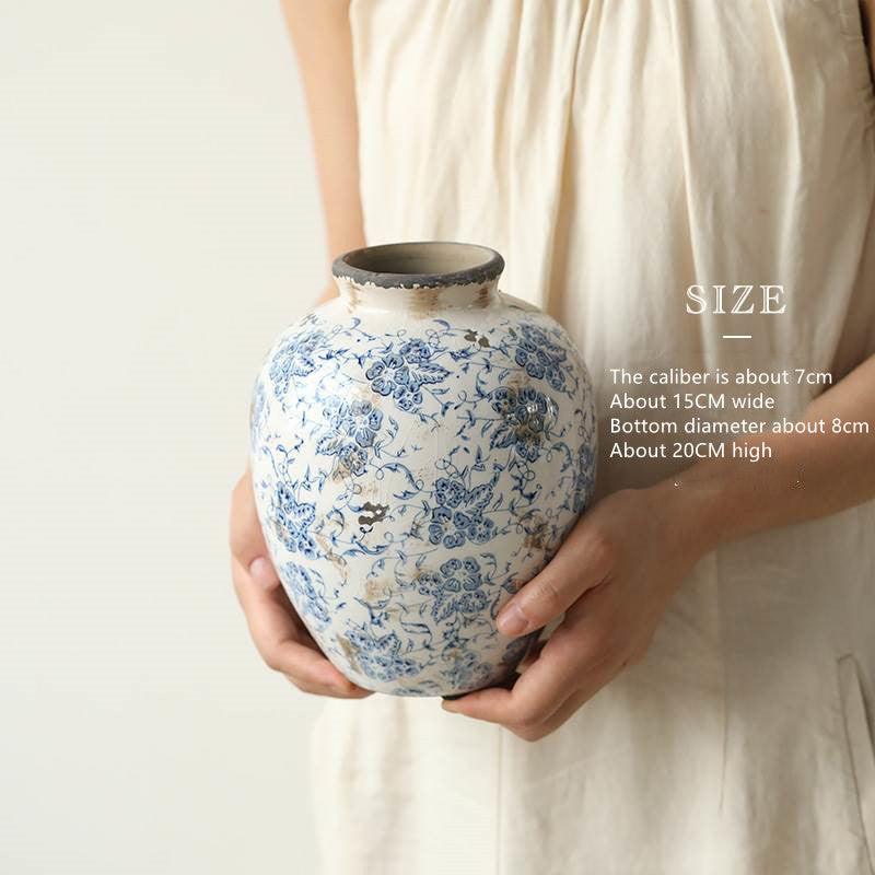 Ice Cracks Country Vintage Blue And White Porcelain Vase With Big Belly - Pacisia