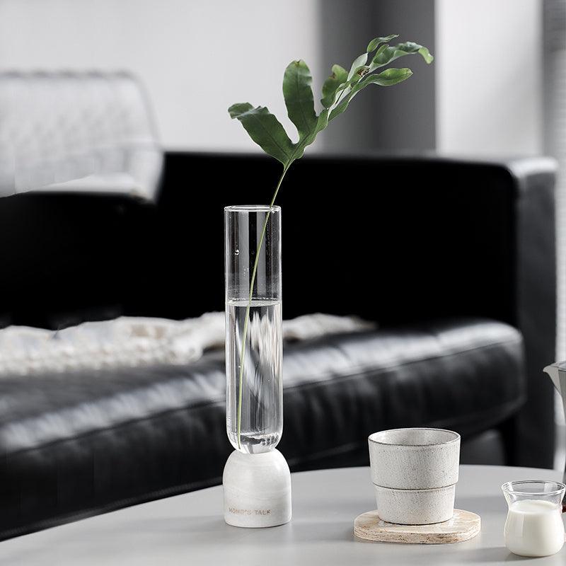 Ins Wind Straight Tube Transparent Glass Small Vase Marble Base - Pacisia