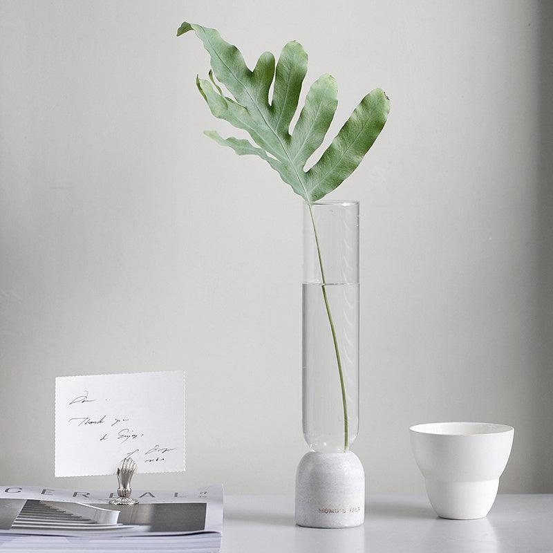 Ins Wind Straight Tube Transparent Glass Small Vase Marble Base - Pacisia