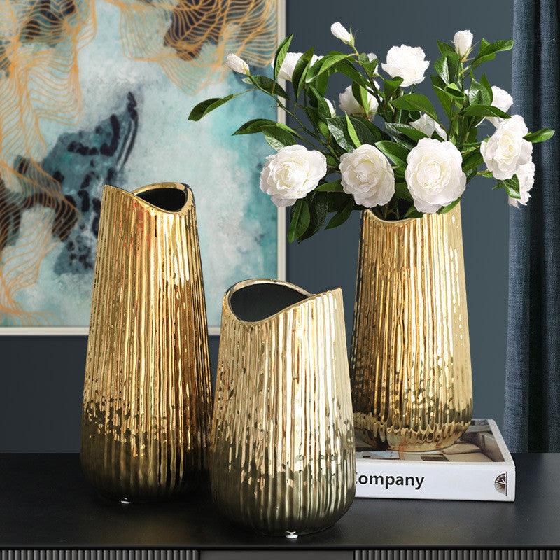 Light Luxury Electroplating Golden Wide Mouth Vase Ceramic Simulation - Pacisia