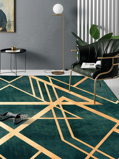 Light Luxury Retro Dark Green Golden Line Doormat Bedroom Living Room Carpet Bedside Kitchen Floor Mat - Pacisia