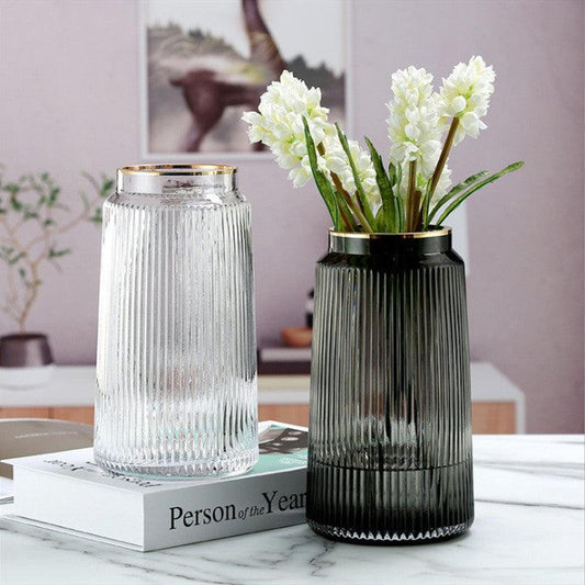 Light Luxury Retro Vertical Stripe Glass Vase With Gold Flower Arrangement - Pacisia