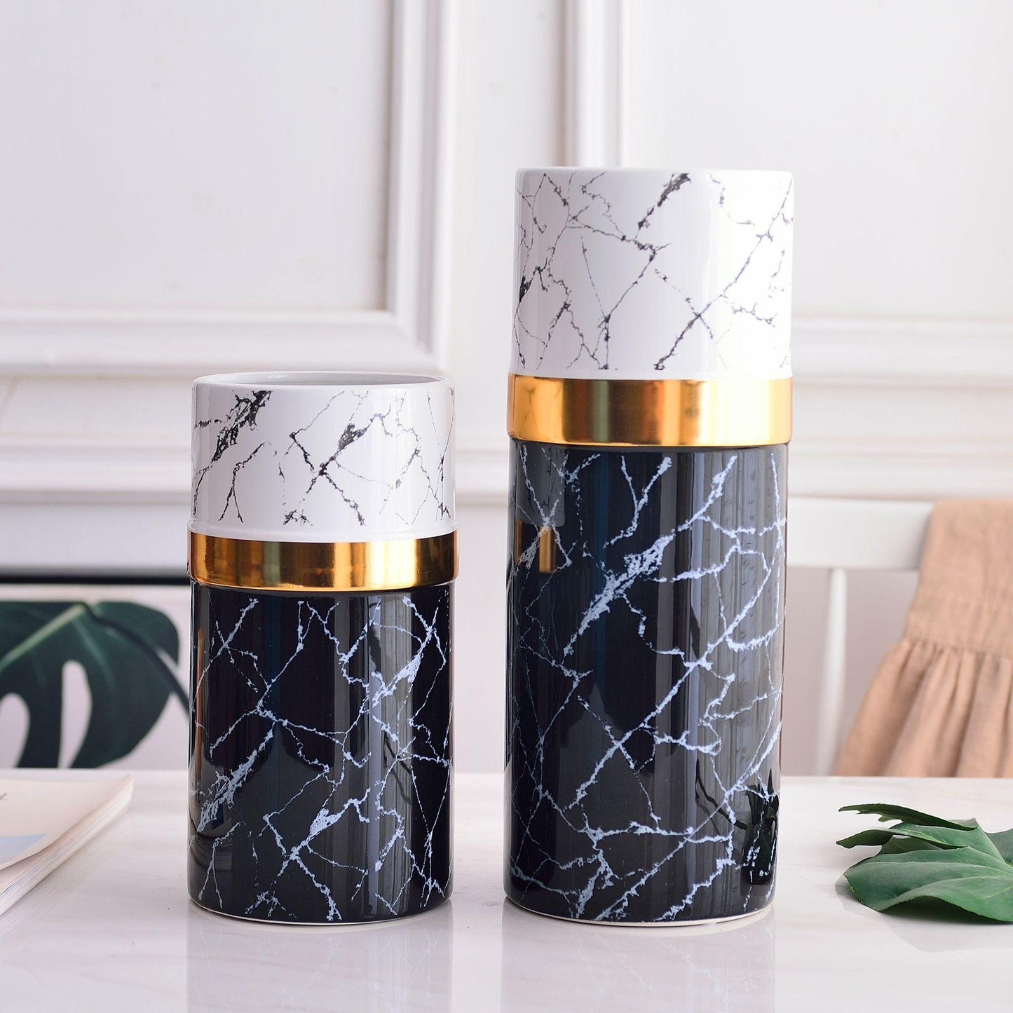 Light Luxury Style Simple Modern Marbled Golden Ceramic Vase - Pacisia