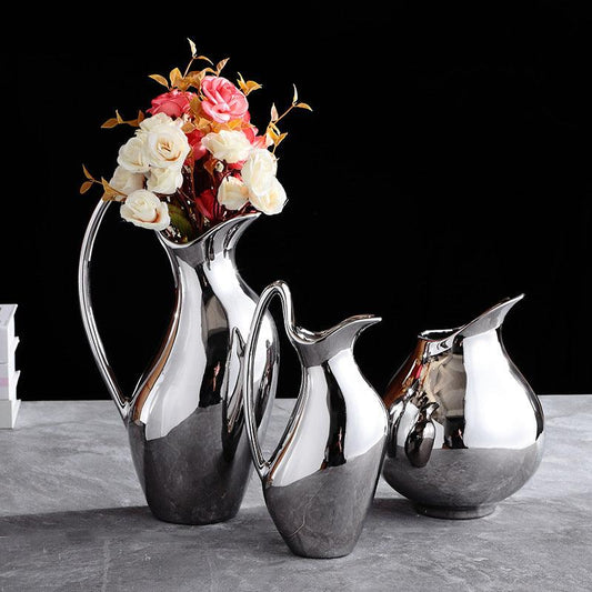 Living Room Home Silver Pot-shaped Ceramic Vase Flower Model Room Ornament Soft Decoration - Pacisia