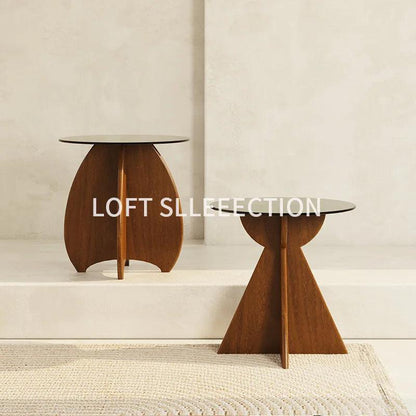 LOFT Light Luxury Edge a Few Modern Simple Small Tea Table Tempered Glass Solid Wood Disc Side Cabinet Living Room Bedroom Sofa - Pacisia