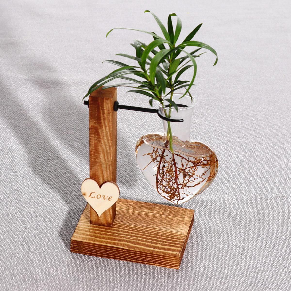 Love Heart Shape Clear Glass Hydroponic Flower Vase Terrarium Wooden Stand Holder Decoratio Glass Tabletop Plant Flower Vase - Pacisia