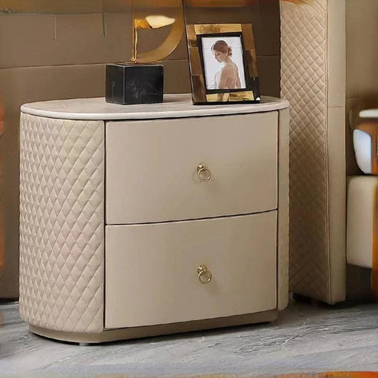 Luxury Solid Wood Oval Night Stands Modern Leather Wrapped Simple Bedside Table with Slate Storage Cabinet for Bedroom Furniture - Pacisia