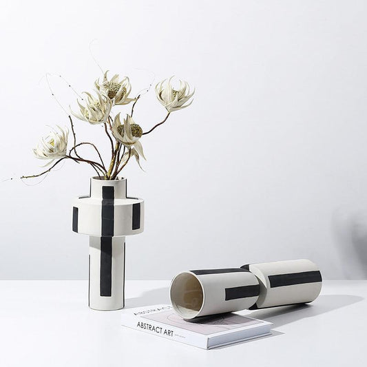 Minimalist Hand Painted Ceramic Vase With Vertical Lines - Pacisia