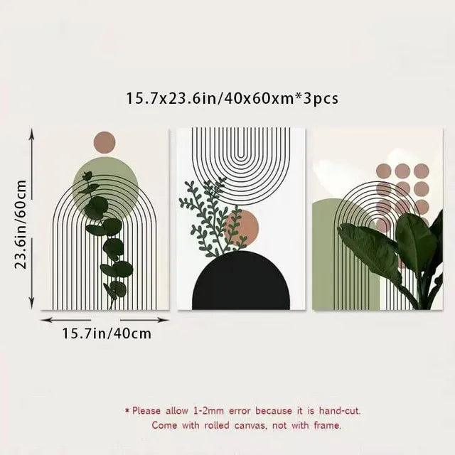 3pcs Modern Abstract Green Plants Leaf Sun Lines Wall Boho Art Canvas Painting Posters Prints Pictures Living Room Decor Gifts - Pacisia