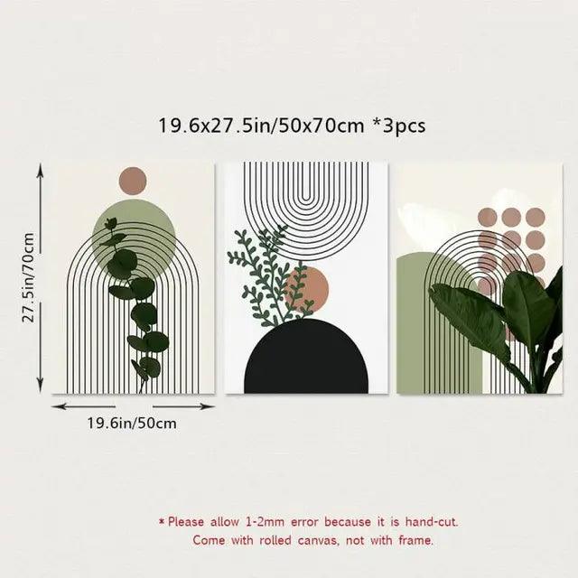 3pcs Modern Abstract Green Plants Leaf Sun Lines Wall Boho Art Canvas Painting Posters Prints Pictures Living Room Decor Gifts - Pacisia