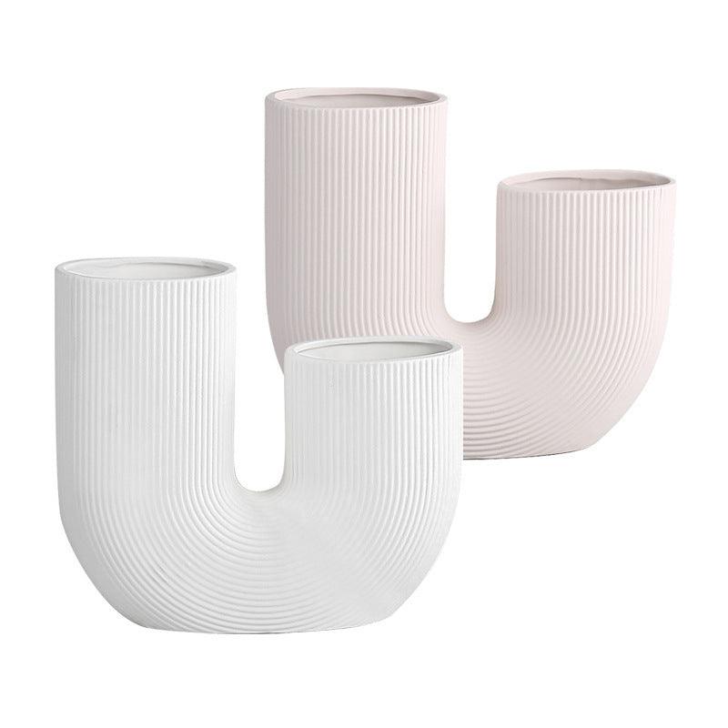 Modern And Simple U-Shaped Geometric Striped Ceramic Vase Ornaments Dry Flower Arranging Device Home Desktop Soft Decoration - Pacisia